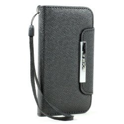 LG Optimus L70 Flip Leather Wallet Case with Strap (Black)